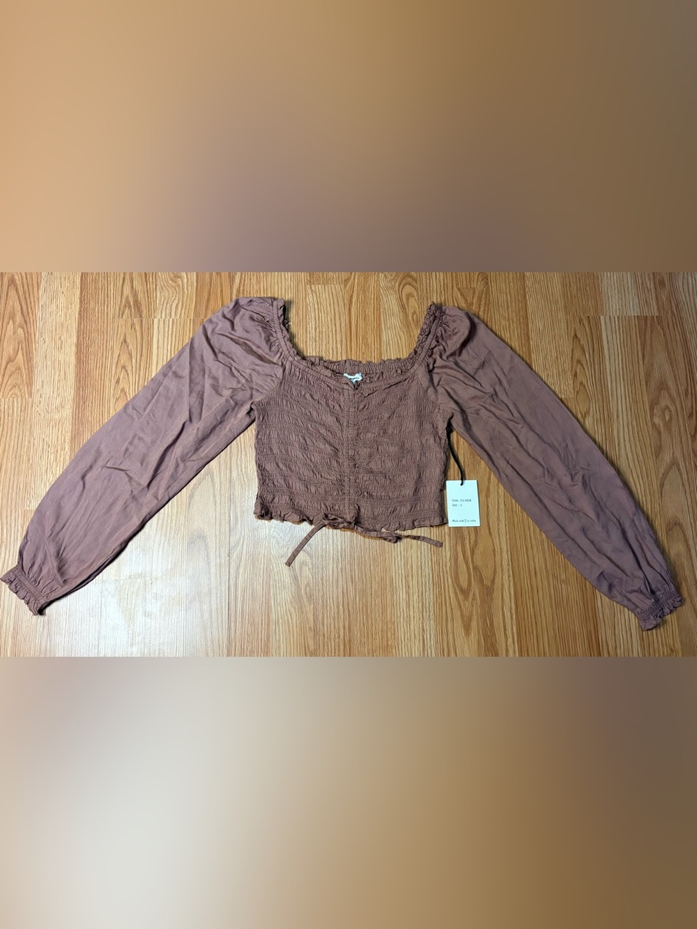 Japna Rust Brown Smocked Tie-Front Long Sleeve Crop Top